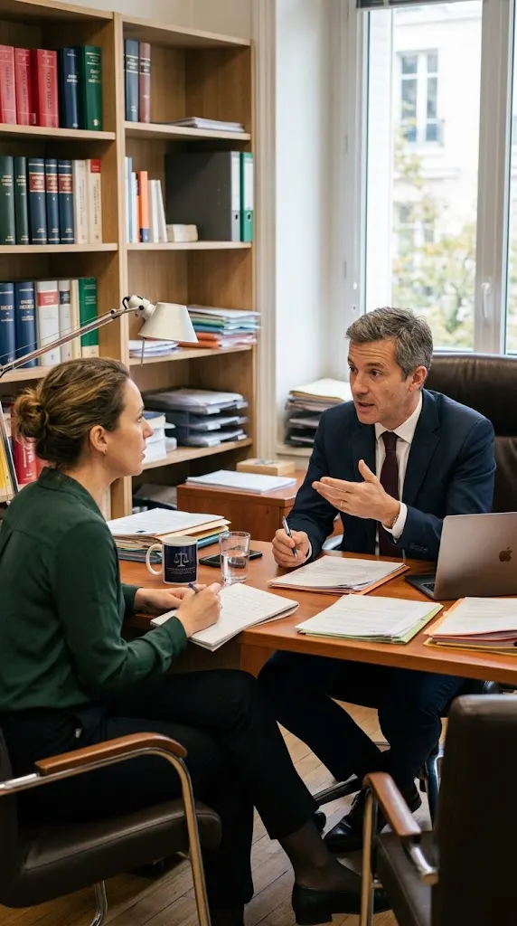 Avocat expert en dommage corporel échangeant avec une victime lors d’un rendez-vous au cabinet